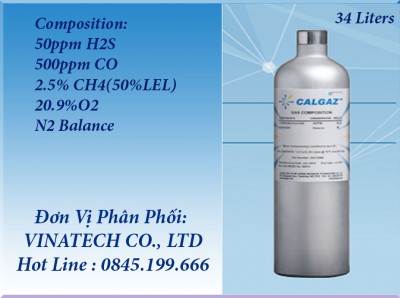 Chai khí chuẩn 50ppm H₂S/ 500ppm CO/ 2.5% CH₄/ 20.9% O₂/ N₂ Balance - Model 2AL