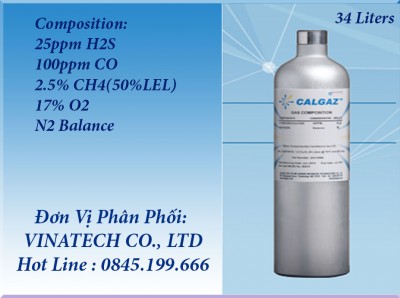 Chai khí chuẩn 25ppm H₂S/ 100ppm CO/ 2.5% CH₄/ 17% O₂/ N₂ Balance - Model 2AL