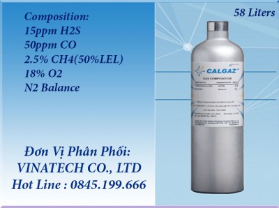 Chai khí chuẩn 15ppm H₂S/ 50ppm CO/ 2.5% CH₄/ 18% O₂/ N₂ Balance - Model 8AL